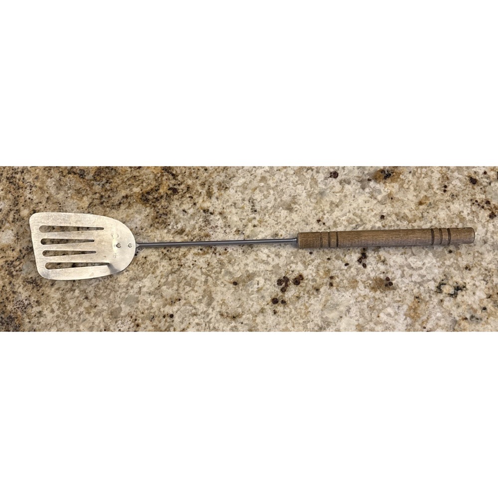 Vtg Foley Angled Slotted Spatula Flipper Chrome Plated Wood Handle USA 20"